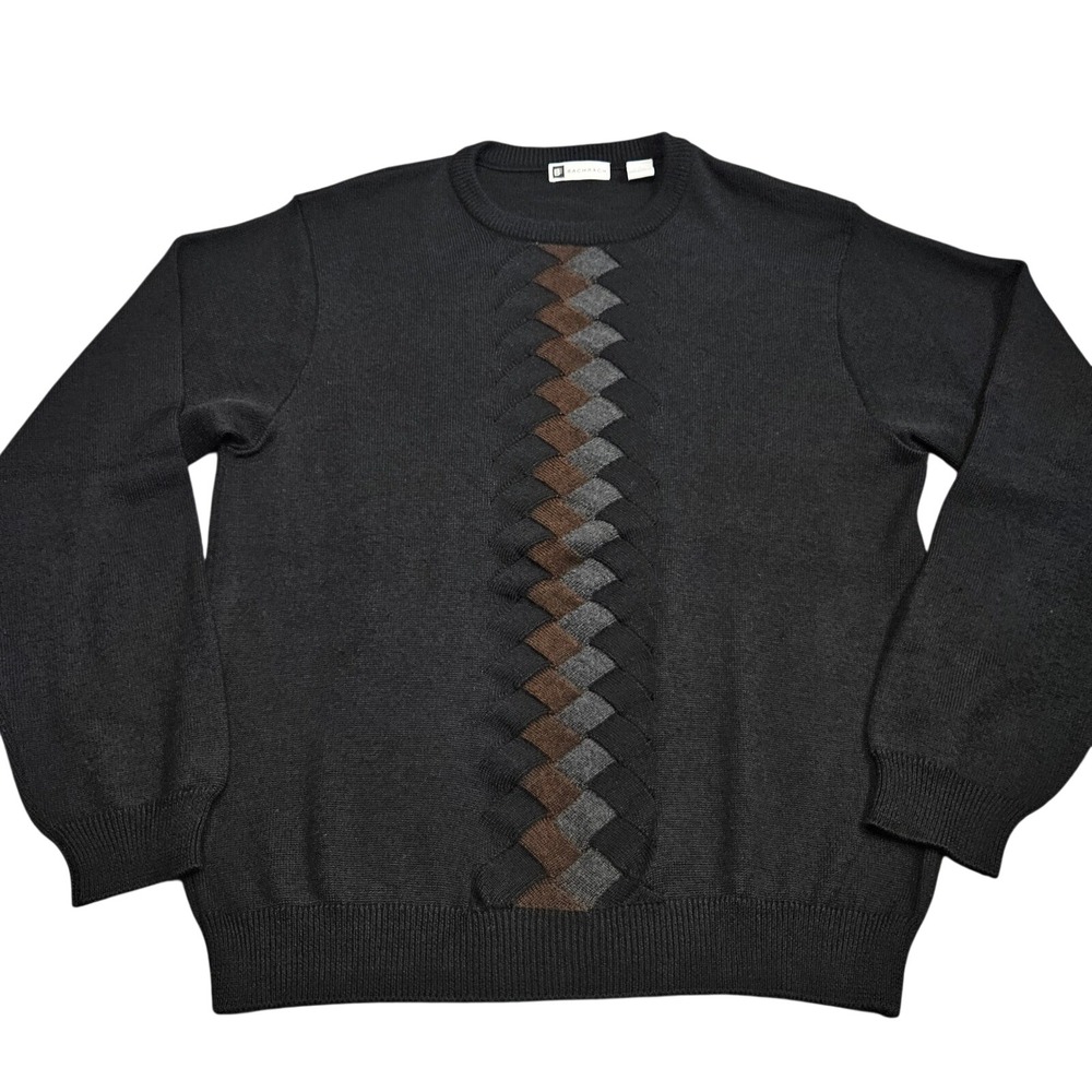 Vintage Bachrach Sweater Mens L Black Wool Blend Intarsia Knit Crewneck 90s